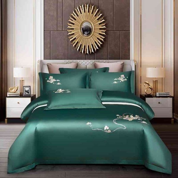 

chinoiserie vintage embroidery duvet cover long staple cotton dark green soft bedding set bed sheet pillowcases  king