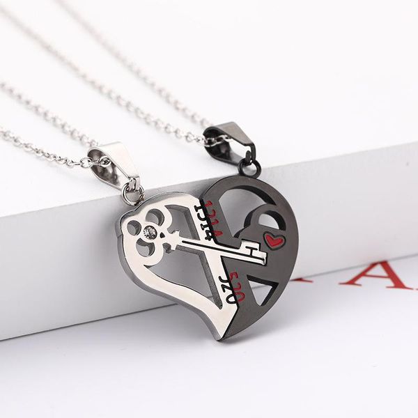 

pendant necklaces fashion couples necklace stainless steel key splicing heart shape collarbone chain hip hop valentine's day gifts, Silver
