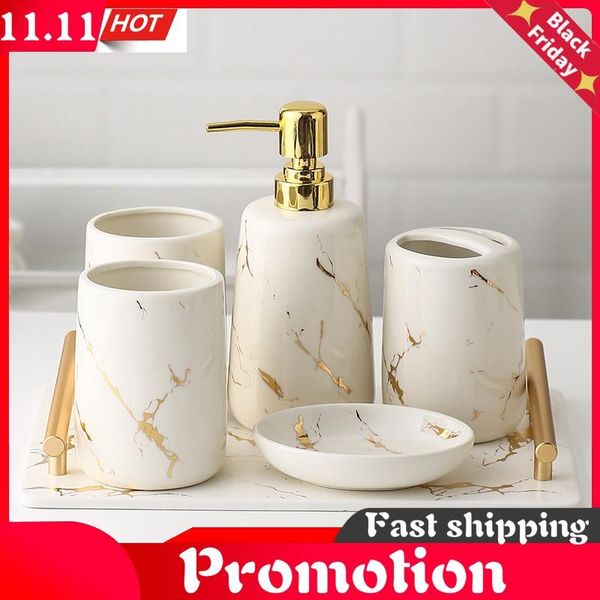 

ceramic toiletries bathroom set marble porcelain cup toothbrush holder / soap dispenser tray decoration accessories bath accessory