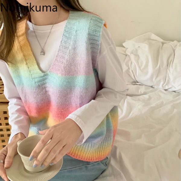 

nomikuma korean causal v-neck sleeveless sweater rainbow vest spring new women knitted ropa de invierno mujer 6e043 210427, White;black