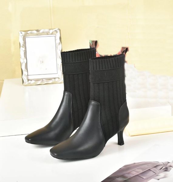 

luxury louises boots designer women winter sock boot chain leather letter shoes flat mid high heel vutto dt2, Black