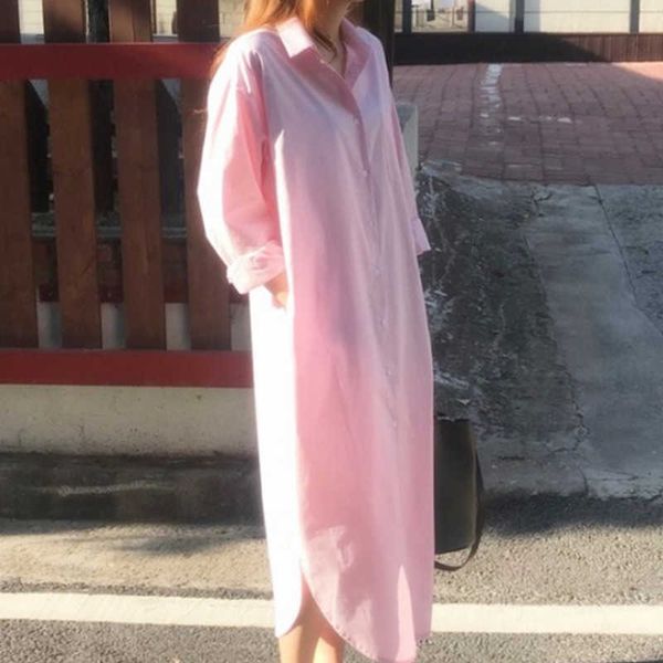 

summer spring lazy loose casual long shirt blouse pockets button pink cotton minimalism e090 210603, White