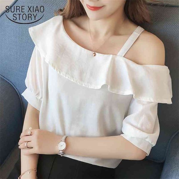 

summer fashion slash neck women lady short sleeved blouses ruffles clothing plus size shirts 0342 40 210506, White