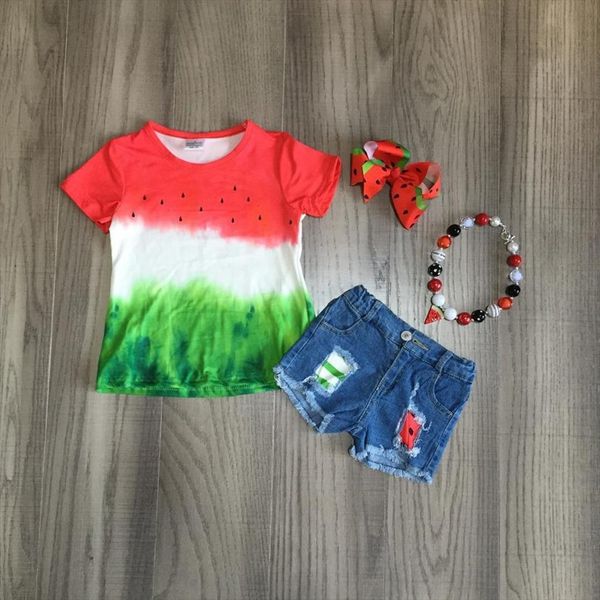

Summer Baby Girls Watermelon Short Sleeve Clothes Tie Dyed Ruffles Boutique Jeans Shorts Set Outfits Match Accessories, White