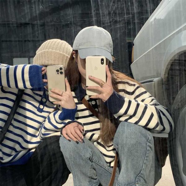 

jumpers couple girlfriends casual blue long sleeve turn down collar striped sweaters pullovers knitted retro preppy style 210610, White