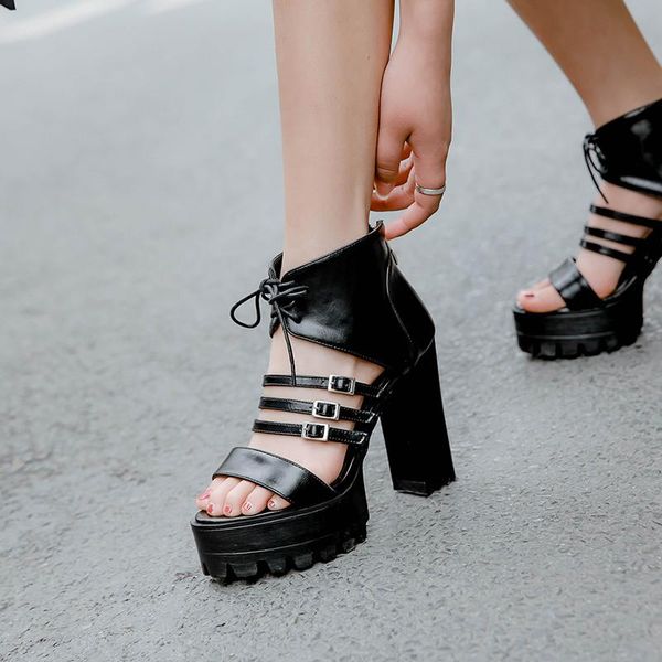

summer 2021 block high heels party shoes buckle cross tied design zip black platform gladiator sandals women plus size