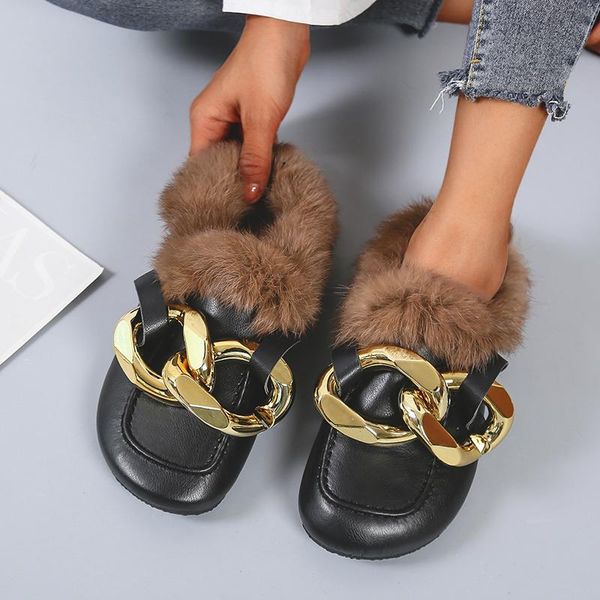

slippers 2022 autumn winter fashion thick-soled cork baotou women's warm fur shoes metal chain half ladies plus size, Black