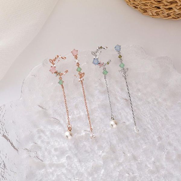 

dangle & chandelier fashion asymmetry star moon long earrings for women micro-inlaid zircon fairy butterfly flower pearl tassel, Silver