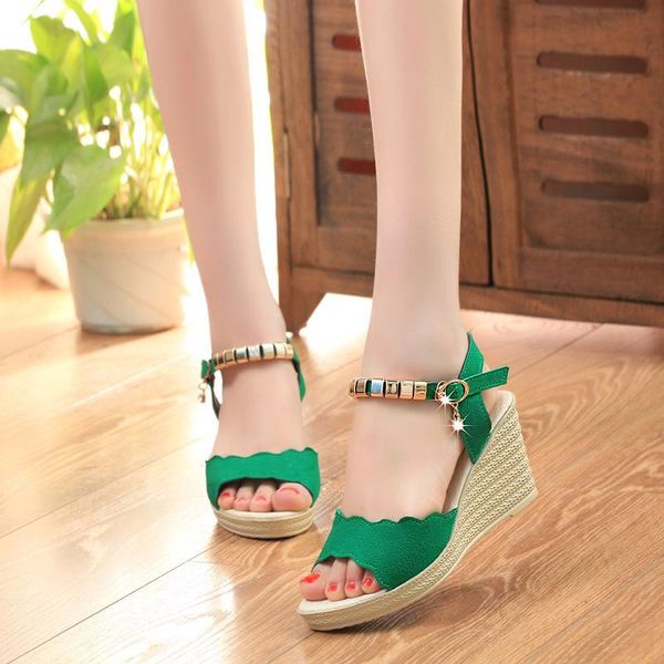 

lame and versatile women 2021 one-character slope heel single shoes sandals open toe hollow student buckle women's, Black