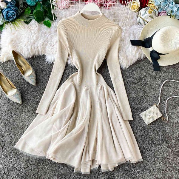

dress korean elegant knitted mesh patchwork mini autumn women long sleeve ball gown party casual a line sweater vestidos t01b, Black;gray