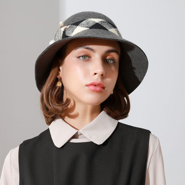 

hats capsfashion lady thousand bird lattice pearl ribbon basin autumn winter children's fisherman wool felt, Blue;gray