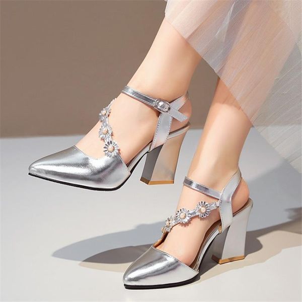 

elegant flower pearls women sandals 2021 summer chunky block high heels bride wedding shoes gold silver large size 34-45, Black