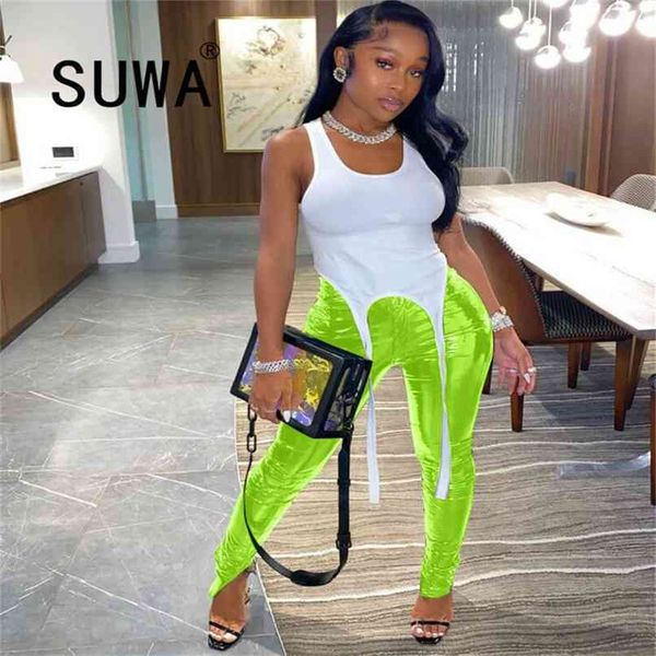 

style plus velvet padded pu leather pants with zipper slit bright feet for women trousers party wear 210525, White