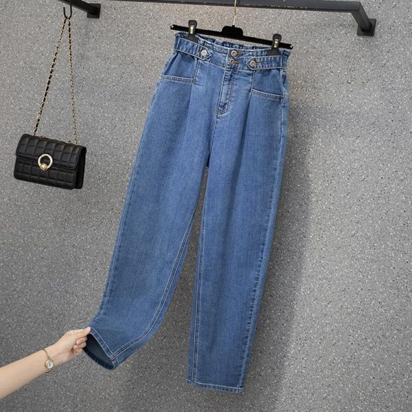 

women's jeans autumn plus size harem women simplicity loose casual ankle length denim pants femme double buttons high waist, Blue