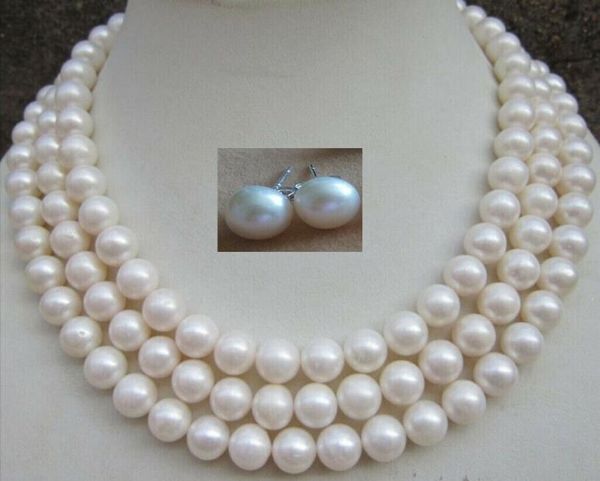 

earrings & necklace 3 rows 8-9mm white cultured pearl beads 17"-19" + set, Silver