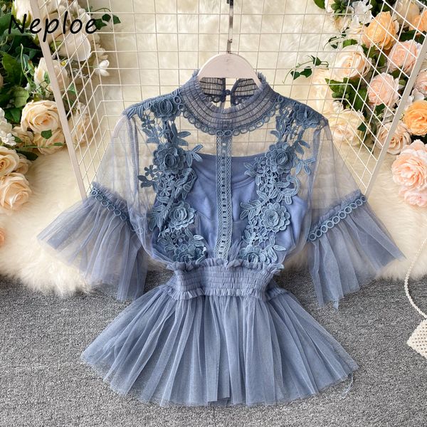 

neploe mesh blouse women sweet stand neck flare sleeve shirts blusa summer 2021 fashion elegant slim waist female 1e533, White