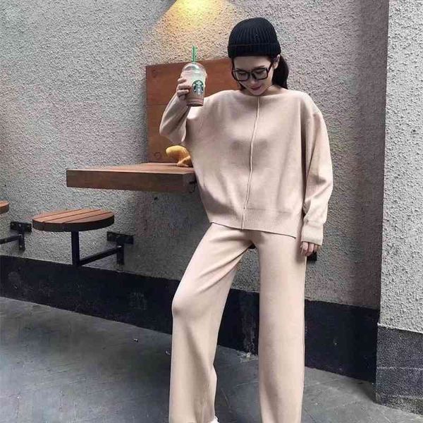 

women wool knitted suit warm spring autumn suit female pullover sweater & pants 2 piece set beige, black, khaki 210522, White