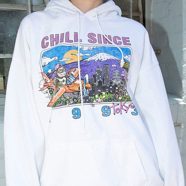 

printed long sleeve oversized white graphic hoodie