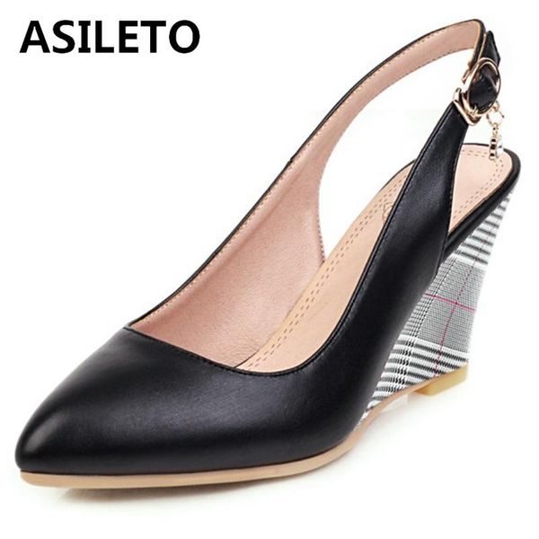 

female concise summer heeled sandals pointed toe 7cm wedges belt buckle plus size 33-43 beige leisure party s1868, Black