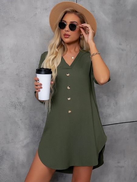 

notched neck button front tunic dress w2si#, Black;gray