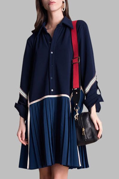 

a line long sleeve turn-down collar women es navy blue single breasted pleated shirt dreses s-xl female, Black;gray