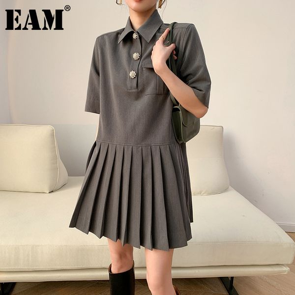 

[eam] women gray button pleated dress lapel short sleeve loose fit fashion spring summer 1dd6039 210512, Black;gray