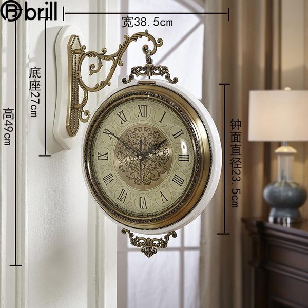 

double-side gold luxury wall clock 3d large solid wood metal clocks home decor silent living room horloge american