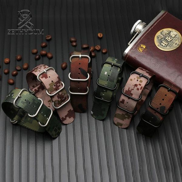 

watch bands camouflage nylon tape waterproof army sport watchband 24mm outdoor canvas chain nato elastic belt gener band, Black;brown