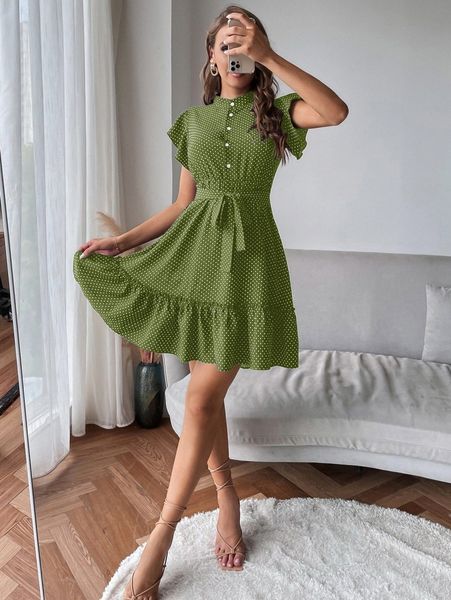 

polka dot print butterfly sleeve flounce hem belted dress y9hc#, Black;gray