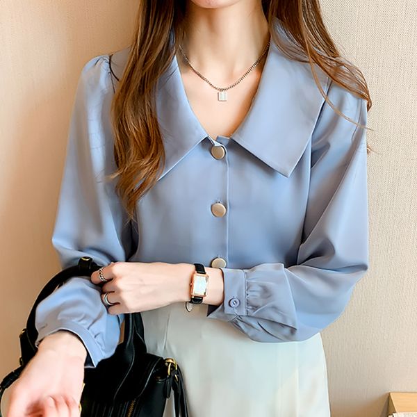 

shintimes button white shirt women vintage clothes fall long sleeve blue chiffon blouse woman womens chemisier femme clothes