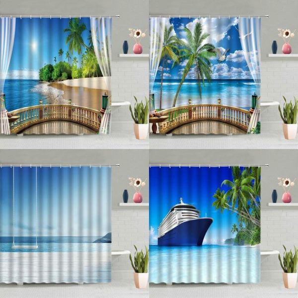 

shower curtains ocean beach scenery curtain dolphins green plants palm trees boat seagull summer landscape bathtub decor screen washable