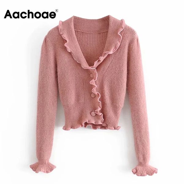 

aachoae women sweet ruffles pink cropped cardigan autumn winter turn down collar knitted sweater long sleeve chic 210413, White;black