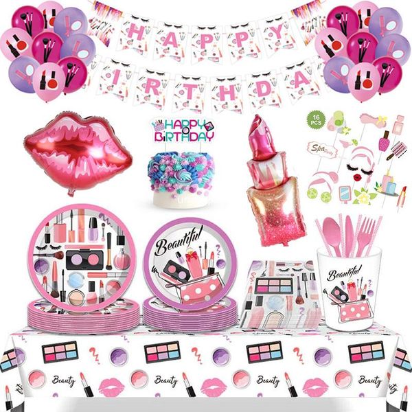 

disposable dinnerware spa make up birthday party supplies makeup tableware plates cup napkins balloons girls decoration dinners set