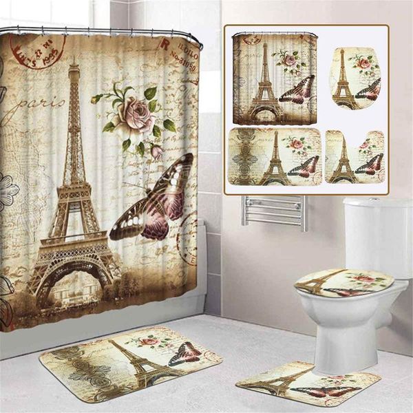 

eiffel tower home bathroom non-slip mat set durable waterproof shower curtain pedestal rug lid toilet cover bath rugs mats