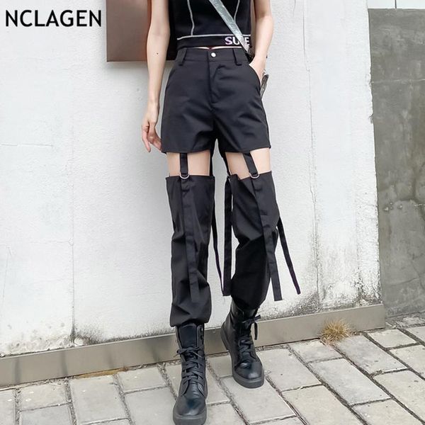 

women's pants & capris nclagen ins fashion d buckles stylish hollow out women cargo hip hop street ribbons casual trousers harajuku pan, Black;white