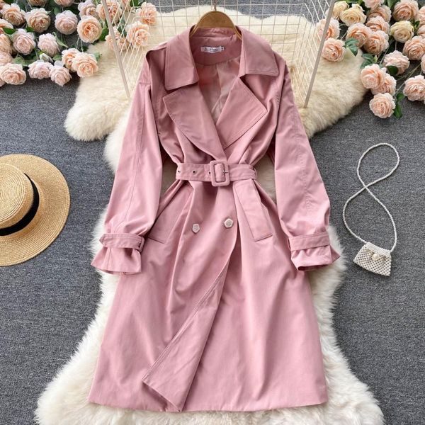 

women's trench coats autumn winter women pink/blue/beige double breasted vintage turn down collar long sleeve loose coat with belt fema, Tan;black