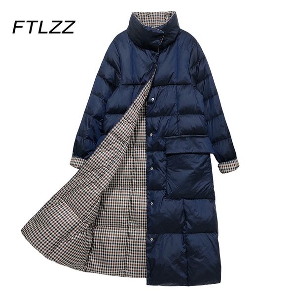 

women fashion double sided down jackets winter warm long sleeve stand collar plaid coats female outwear parkas 210602, Black