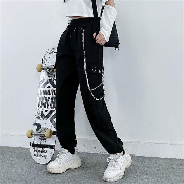 

cargo pocket jogger womens capris elastic waist high streetwear harajuku punk chain females trousers, Black;white