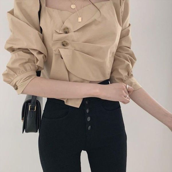 

spring fashion short womens blouses square collar long sleeve button ladies casual slim x52, White