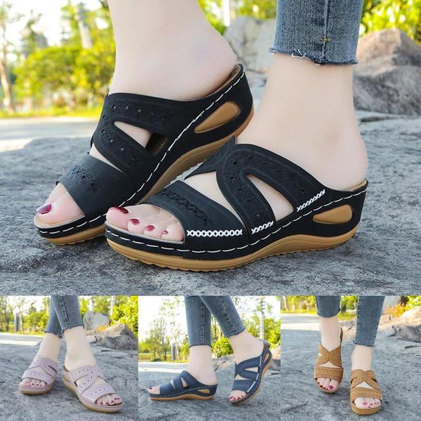 

slippers women's wedge fish mouth platform multicolor embroidered sandals bohemian summer beach shoes plus size mujer d16#, Black