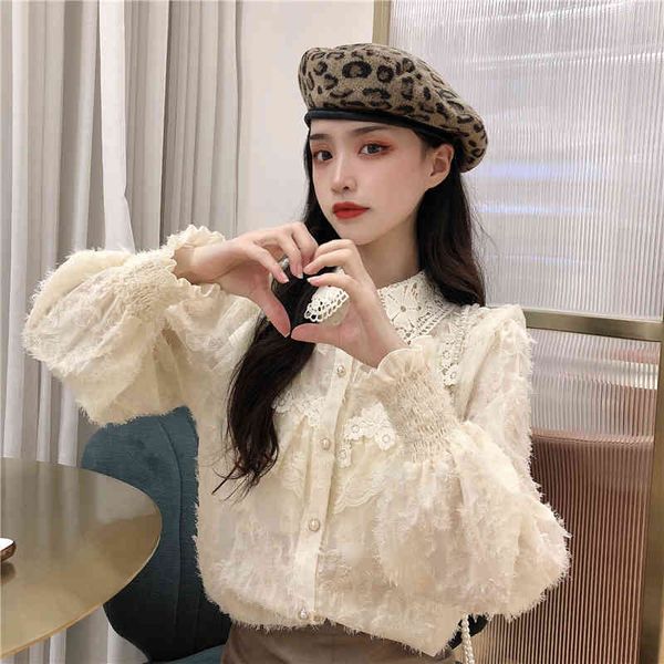 

lucyever fashion pearl buckle blouses womens turn down collar lace patchwork shirts woman autumn flare sleeve shirt 210521, White