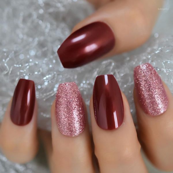 

gorgeous rose gold glitter mix claret-red coffin fake nails ballerina press on false full cover daily office wear tips1, Red;gold