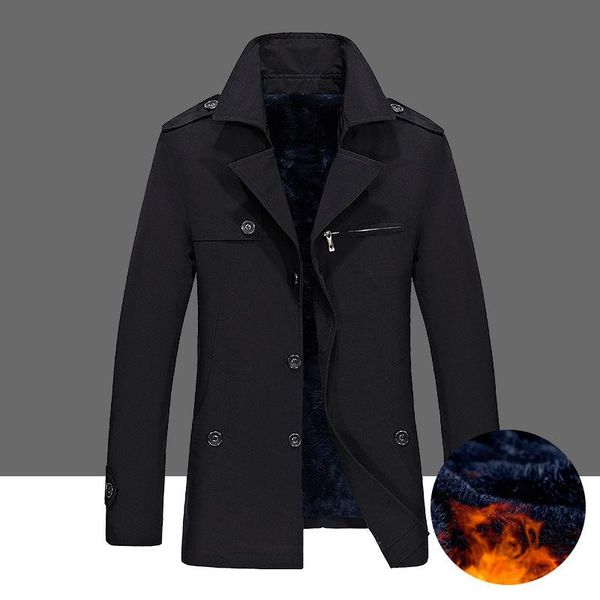 

men's trench coats fashion mens clothes autumn and winter mid-length plus velvet thick jacket windbreaker casual youth handsome lapel, Tan;black