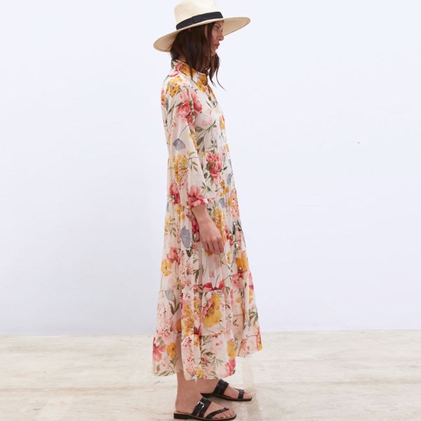 

beforw fashion women vintage floral print casual loose long female elegant high waist shirt chiffon dress vestidos 200928, Black;gray