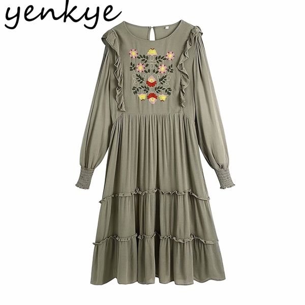 

spring women vintage army green floral embroidery dress female long sleeve o neck ruffle casual pleated vestido 210514, Black;gray