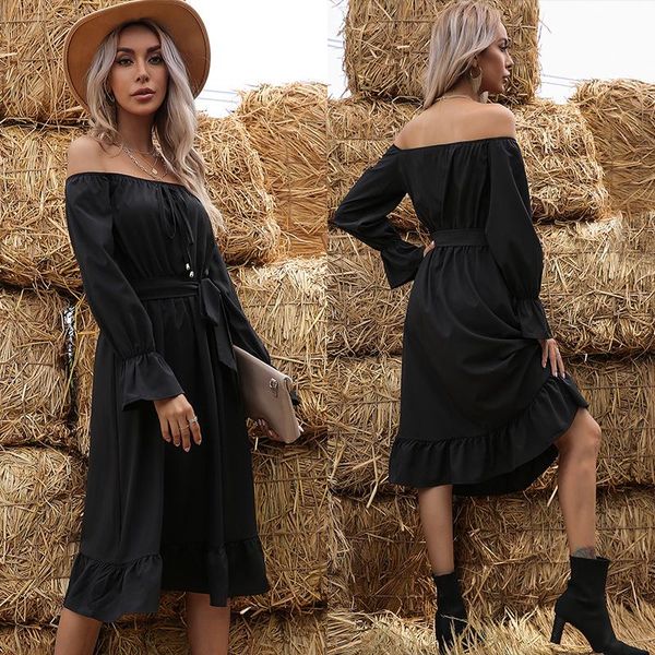 

casual dresses european and american women dress, one-line collar solid color, high waist, lace-up, large swing, midi skirt, Black;gray