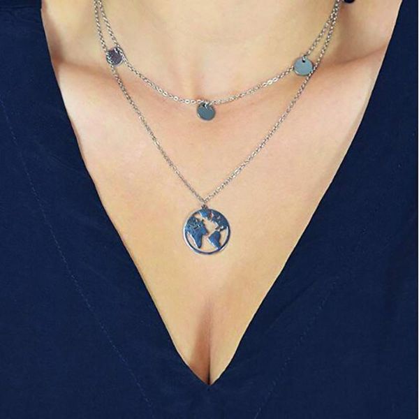 

women necklace round hollow double layers fashion travel lover earth day gift jewelry pendant necklaces, Silver