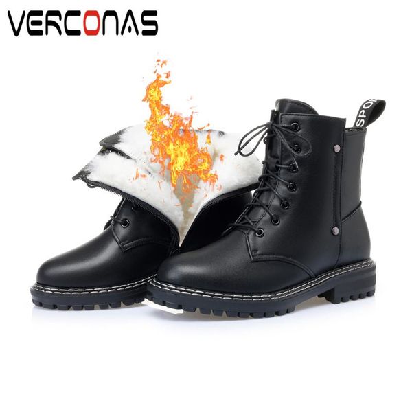 

boots verconas 2021 women ankle autumn winter warm shoes woman genuine leather cross-tied casual side zip, Black