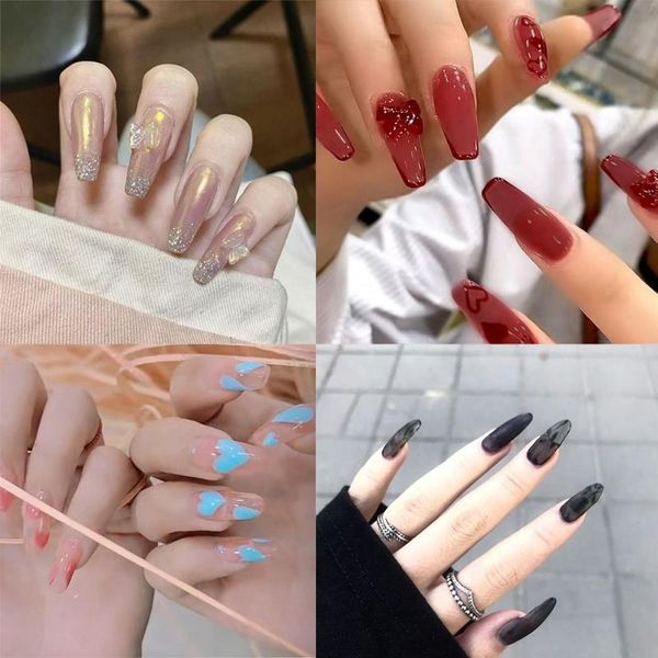 

false nails 24pcs/box coffin/almond detachable full cover artificial fake nail tips heart ballerina wearable, Red;gold