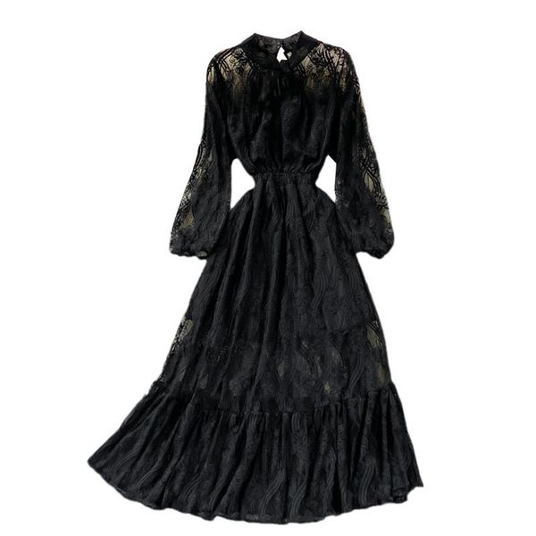 

casual dresses spring autumn women stand collar long sleeve slim dress hook flower hollow big hem lace, Black;gray